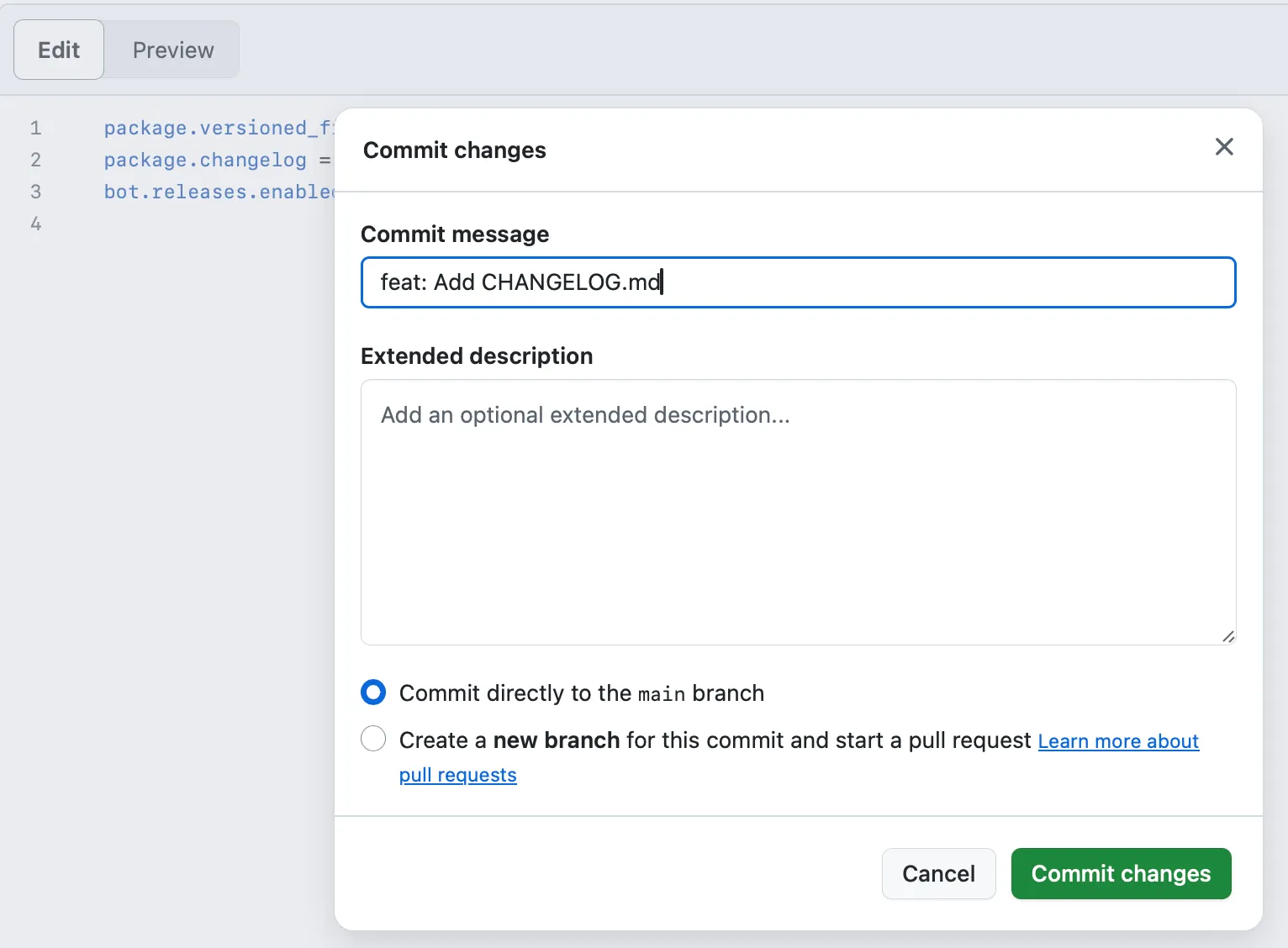 Editing knope.toml in the GitHub UI to add a changelog