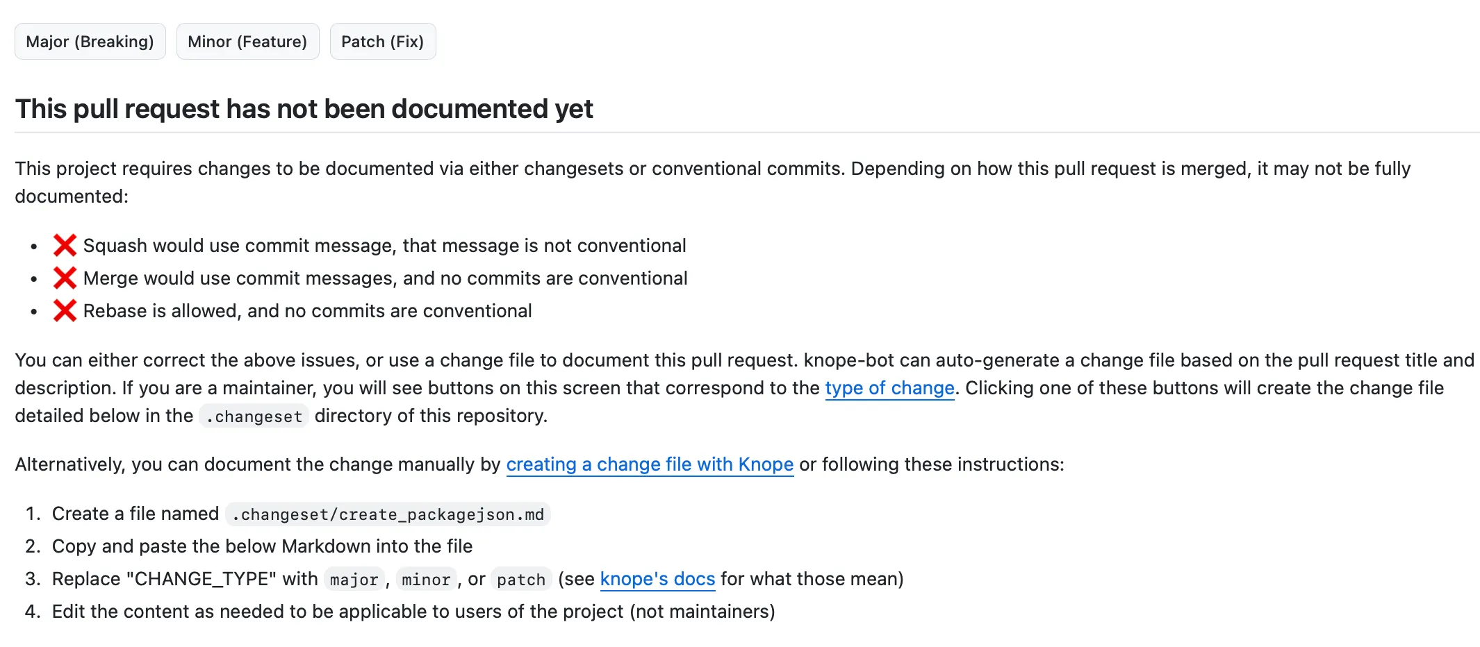 Details of the failing check including three buttons and a description of how to document changes
